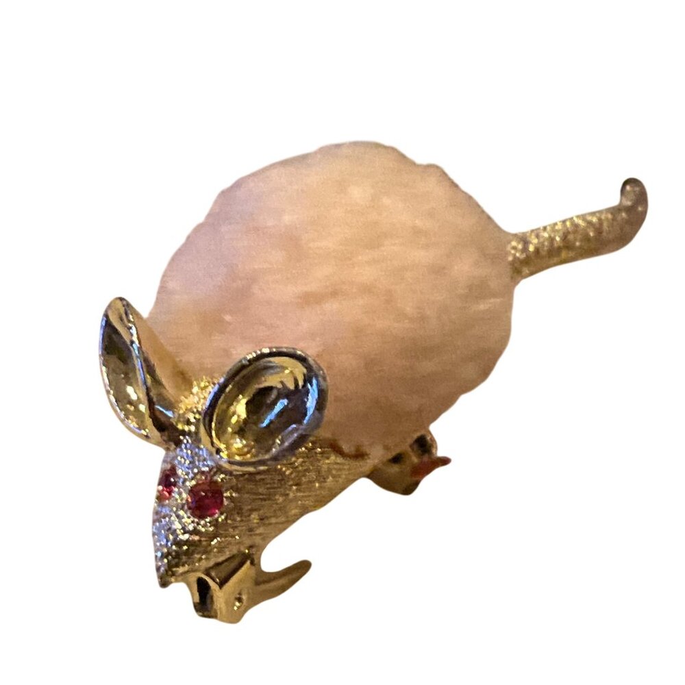 Vintage Mouse Brooch With Faux Fur & Rhinestone Accents